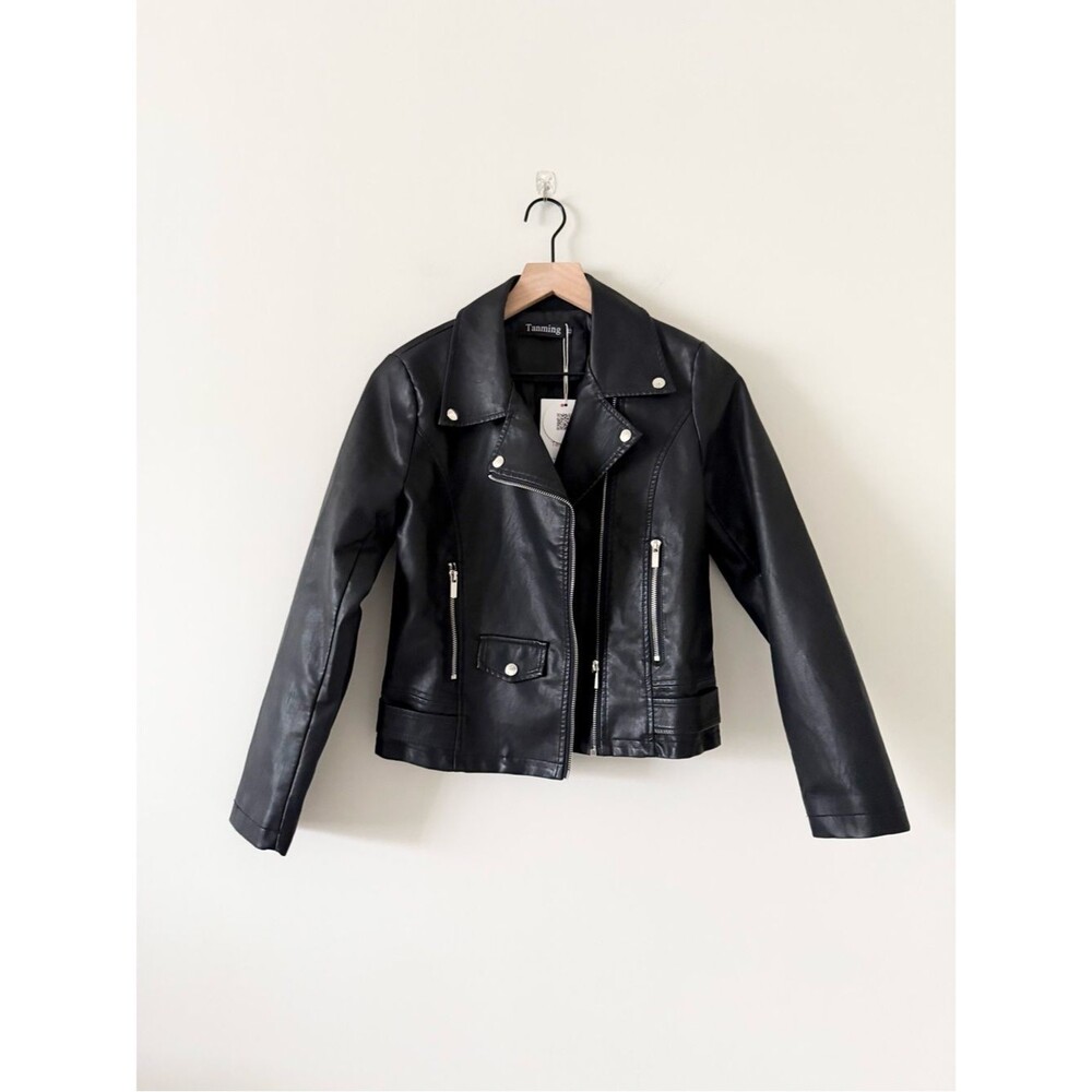 NWT Amazon Tanming Black Faux Leather Moto Jacket Size XS
